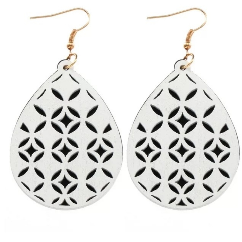 White Cutout Wooden Earrings